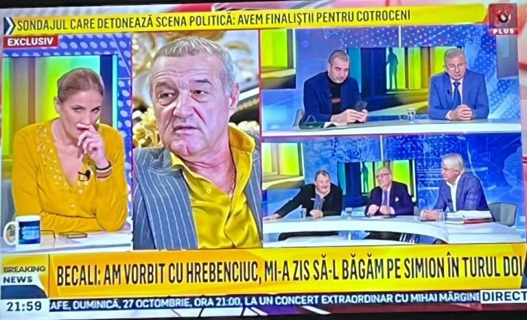 Gigi Becali a făcut o declarație șocantă în cadrul unei emisiuni TV. Gigi Becali: „Eu am vorbit și cu Hrebenciuc. Și mi-a zis: «Măi, nea Gigi, haide să îl băgăm pe Simion în turul doi». Am zis bine, hai să îl băgăm.”