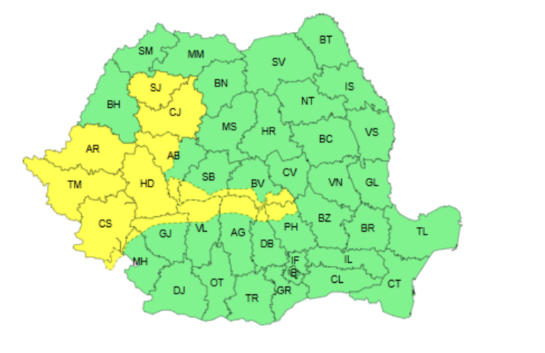 Cod galben de furtuni și caniculă în Cluj: Vijelii, grindină și 35°C anunțate de ANM